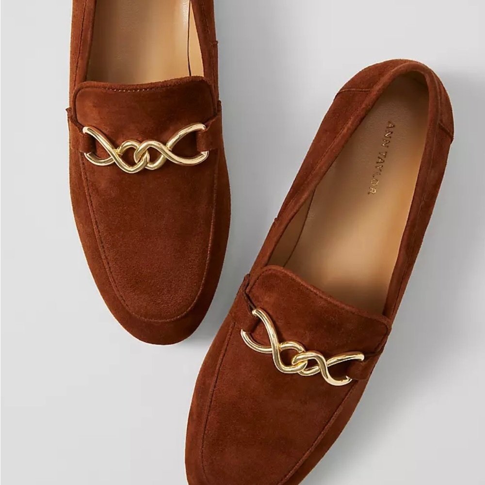 Ann Taylor Chestnut Suede Loafers with Gold Chain